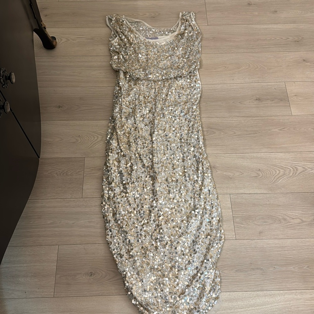 JS Collections Glittering Gown in Silver and Cream